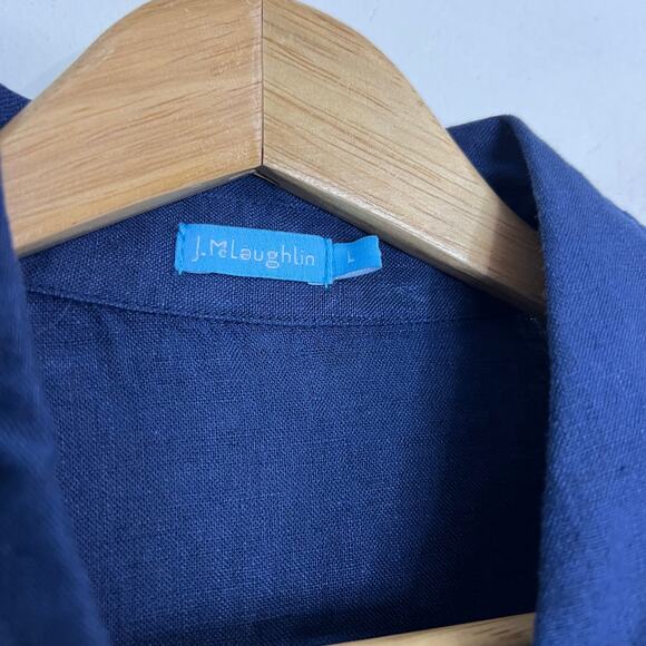 J. McLaughlin Linen Shirt Mini Dress Women SZ L Blue Henley Button Front Coastal - Picture 4 of 8
